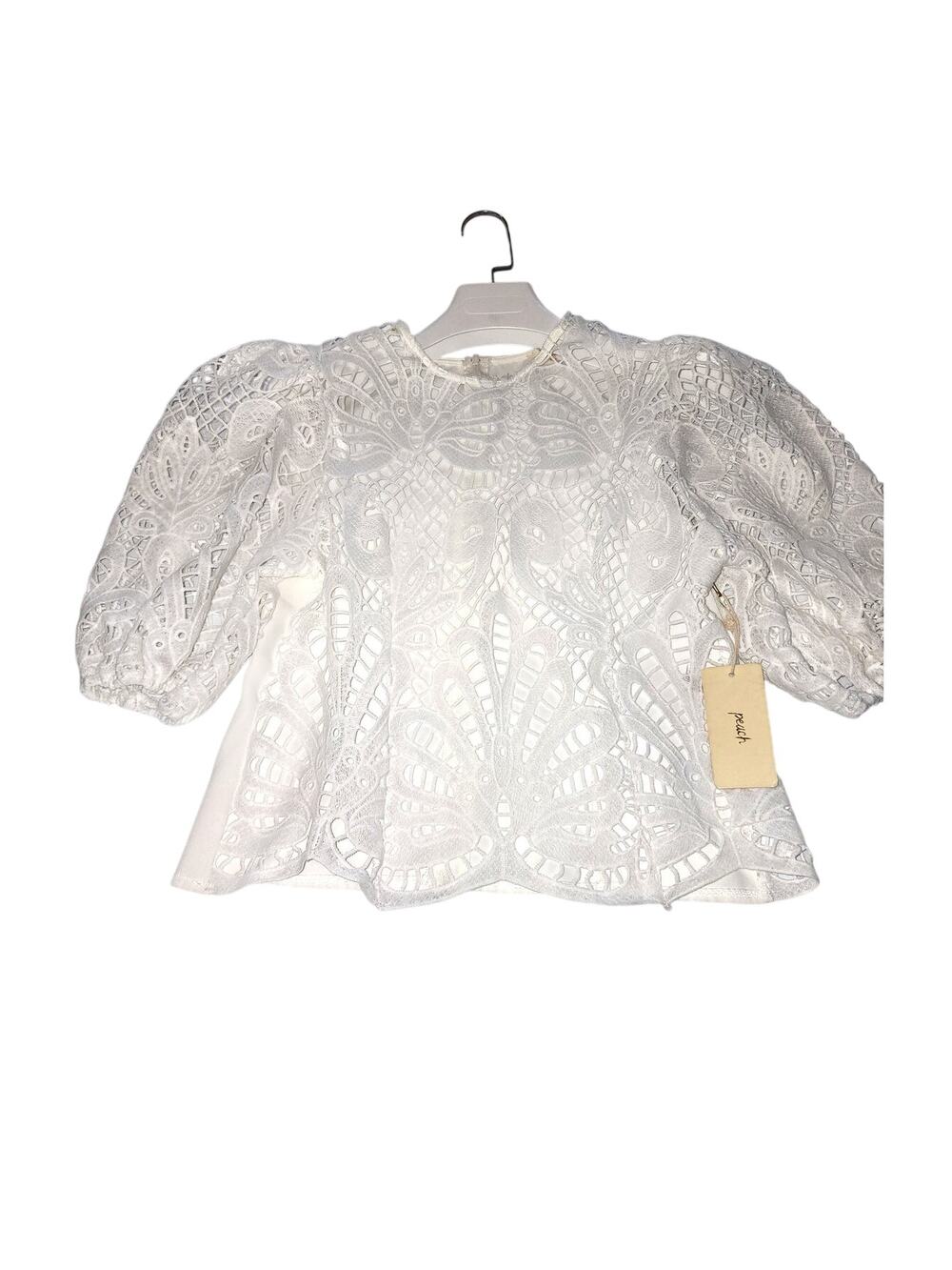 White Eyelet Lace Puff Sleeve Blouse Top L